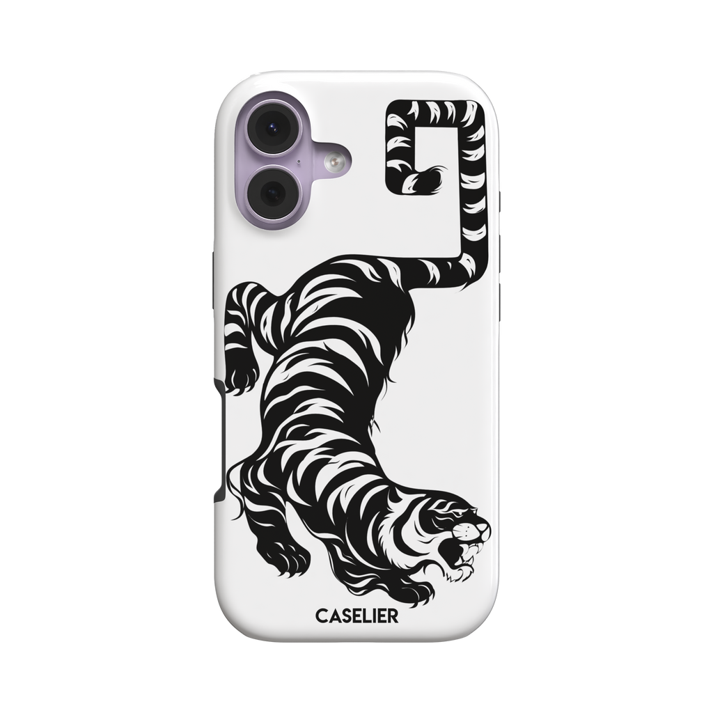 Big Kitty phone case in white — black graphic tiger crouching on a clean white background with a striped curling tail, phone case by Caselier — tough case, front view