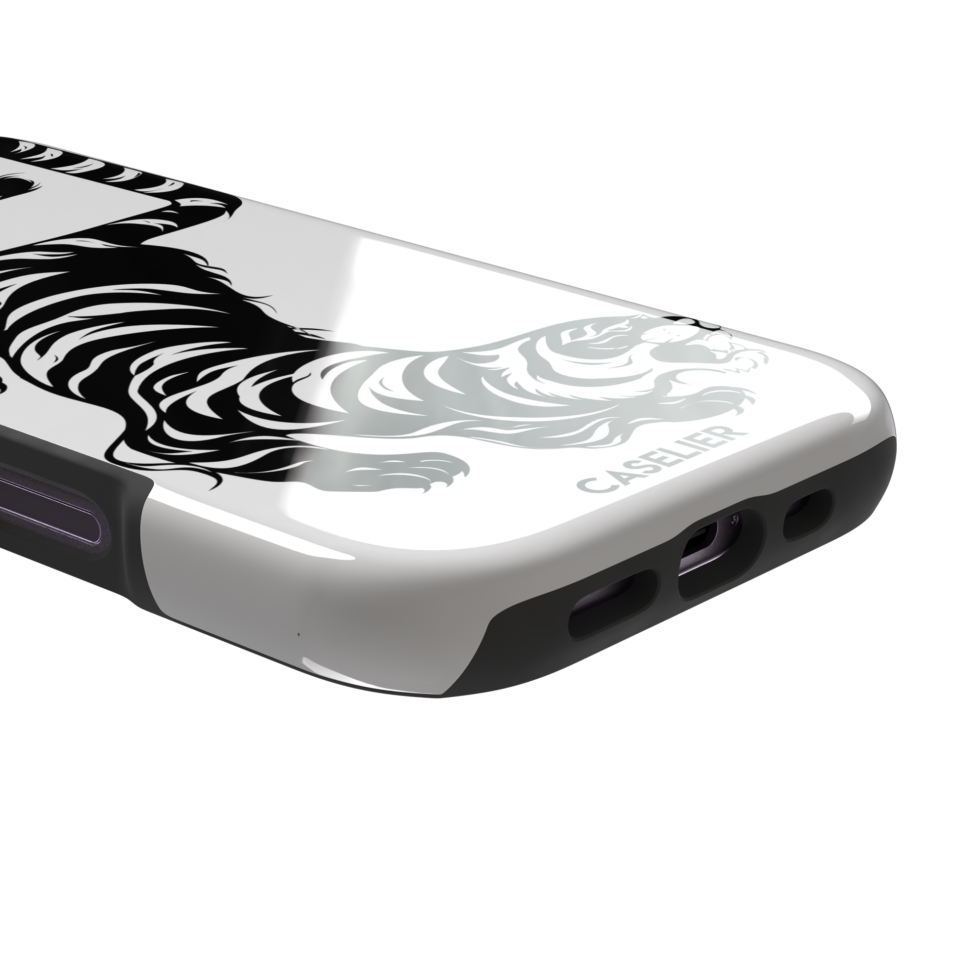 Big Kitty phone case in white — black graphic tiger crouching on a clean white background with a striped curling tail, phone case by Caselier — tough case, charging port detail