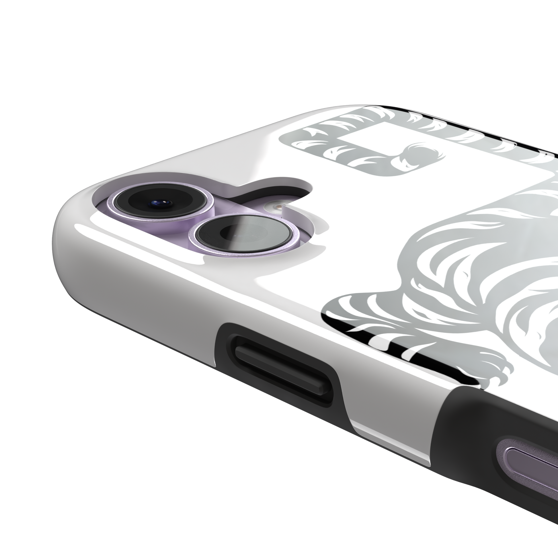 Big Kitty phone case in white — black graphic tiger crouching on a clean white background with a striped curling tail, phone case by Caselier — tough case, volume buttons detail