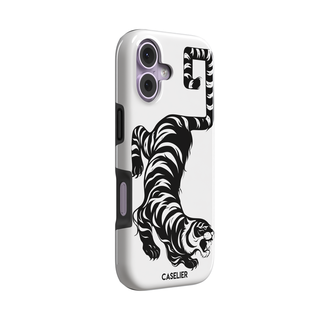 Big Kitty phone case in white — black graphic tiger crouching on a clean white background with a striped curling tail, phone case by Caselier — tough case, left view