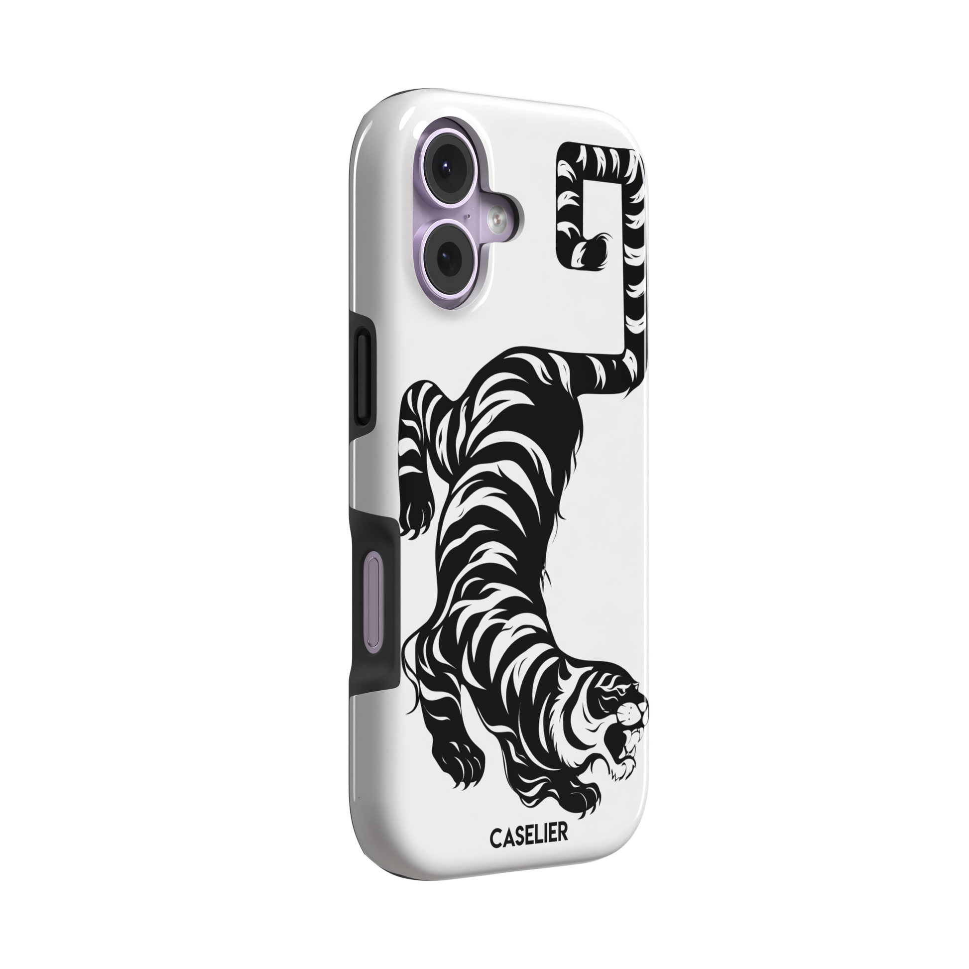 Big Kitty phone case in white — black graphic tiger crouching on a clean white background with a striped curling tail, phone case by Caselier — tough case, left view