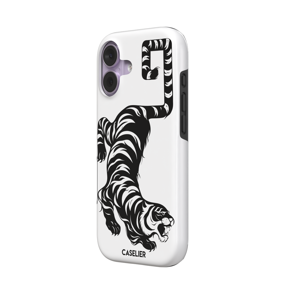 Big Kitty phone case in white — black graphic tiger crouching on a clean white background with a striped curling tail, phone case by Caselier — tough case, right view