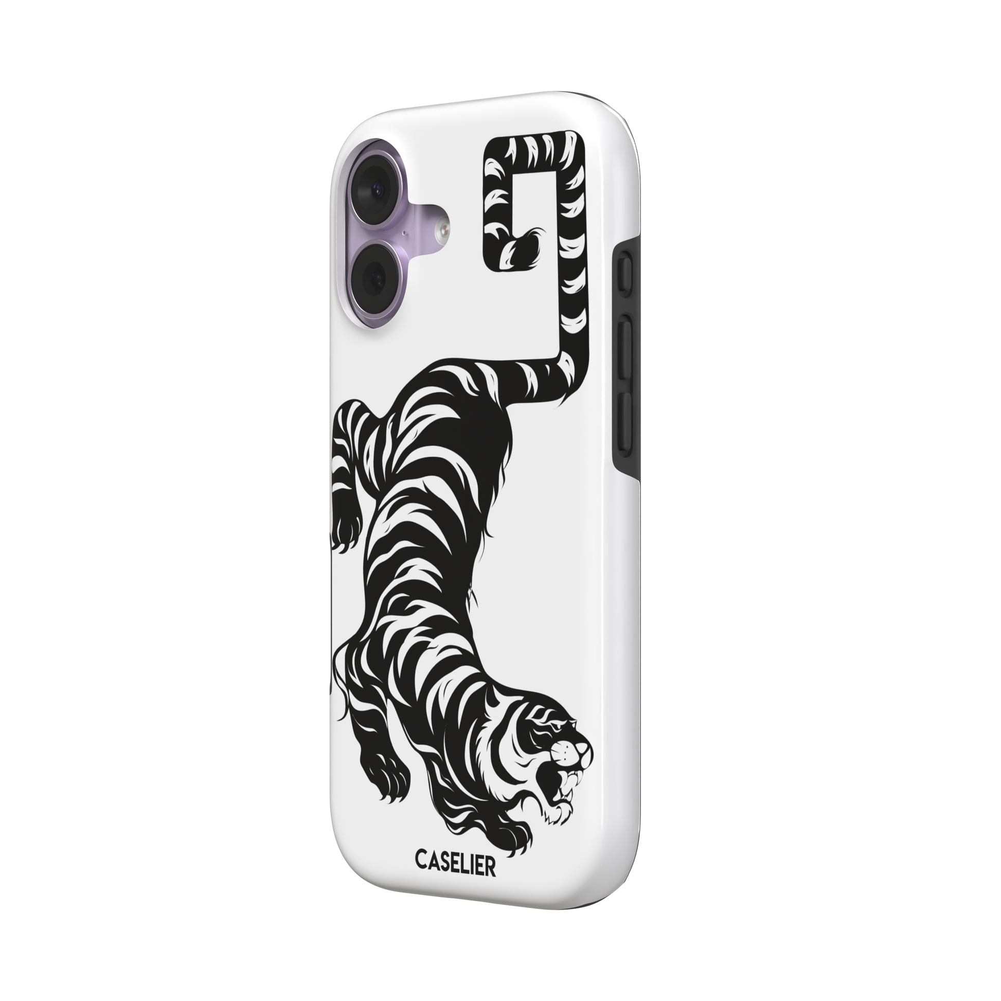 Big Kitty phone case in white — black graphic tiger crouching on a clean white background with a striped curling tail, phone case by Caselier — tough case, right view