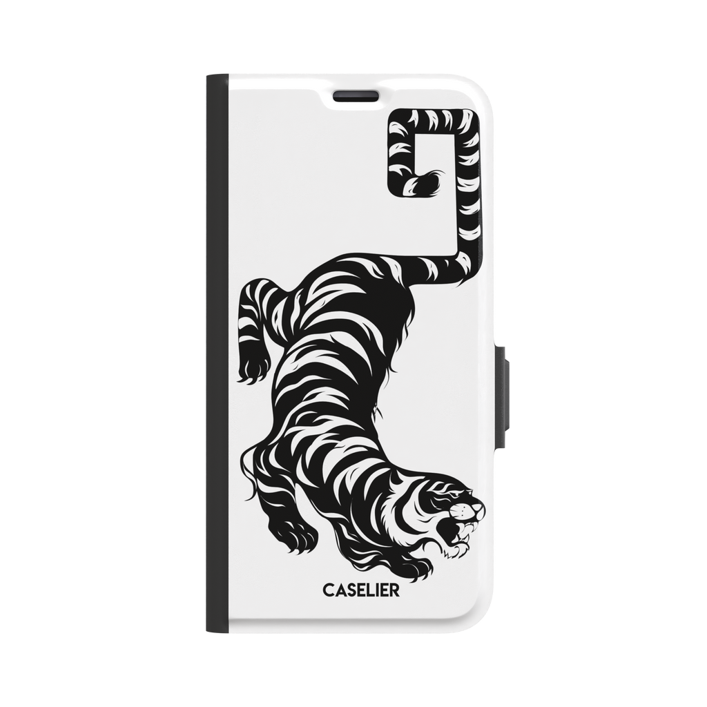 Big Kitty phone case in white — black graphic tiger crouching on a clean white background with a striped curling tail, phone case by Caselier — wallet case, front view
