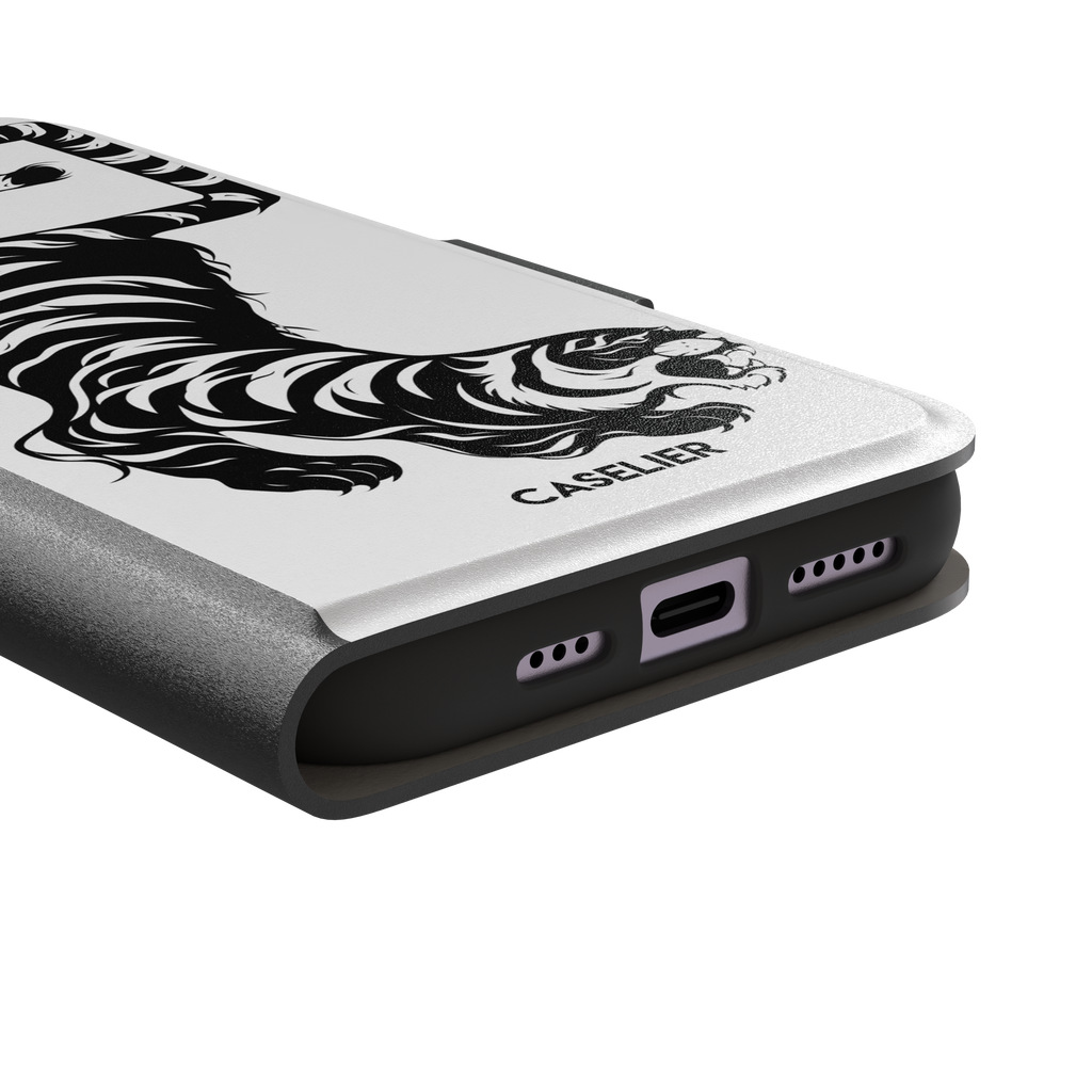 Big Kitty phone case in white — black graphic tiger crouching on a clean white background with a striped curling tail, phone case by Caselier — wallet case, charging port detail