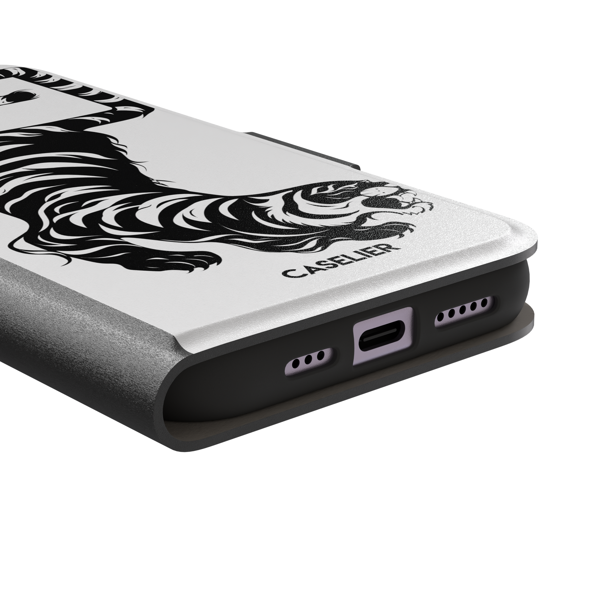 Big Kitty phone case in white — black graphic tiger crouching on a clean white background with a striped curling tail, phone case by Caselier — wallet case, charging port detail