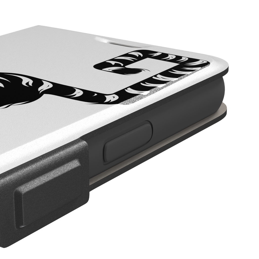 Big Kitty phone case in white — black graphic tiger crouching on a clean white background with a striped curling tail, phone case by Caselier — wallet case, volume buttons detail