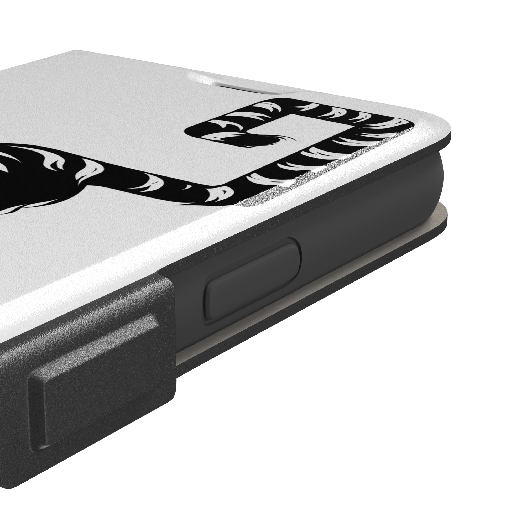 Big Kitty phone case in white — black graphic tiger crouching on a clean white background with a striped curling tail, phone case by Caselier — wallet case, volume buttons detail
