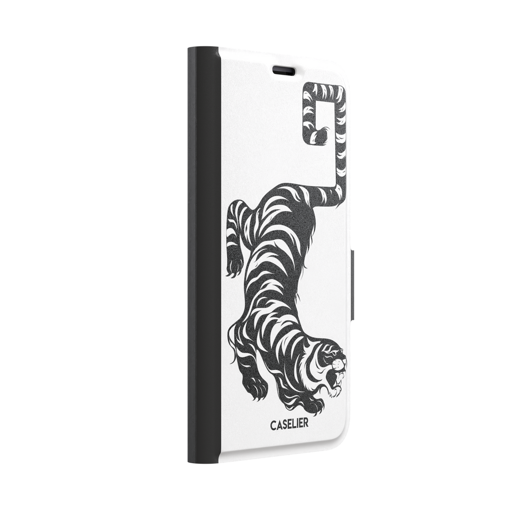 Big Kitty phone case in white — black graphic tiger crouching on a clean white background with a striped curling tail, phone case by Caselier — wallet case, left view