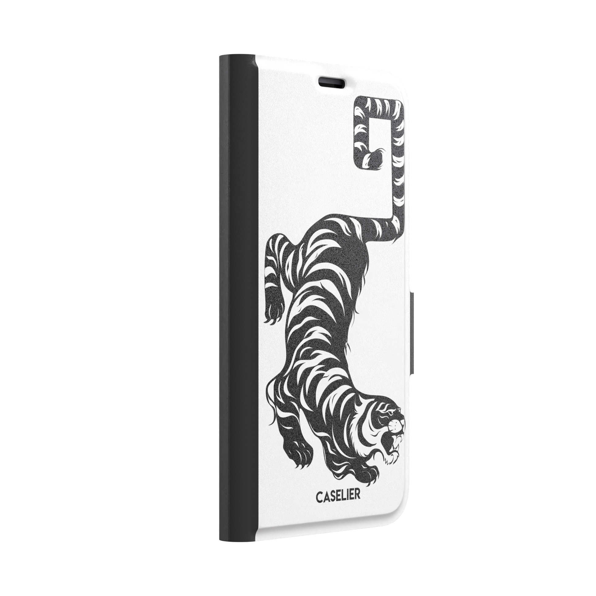 Big Kitty phone case in white — black graphic tiger crouching on a clean white background with a striped curling tail, phone case by Caselier — wallet case, left view