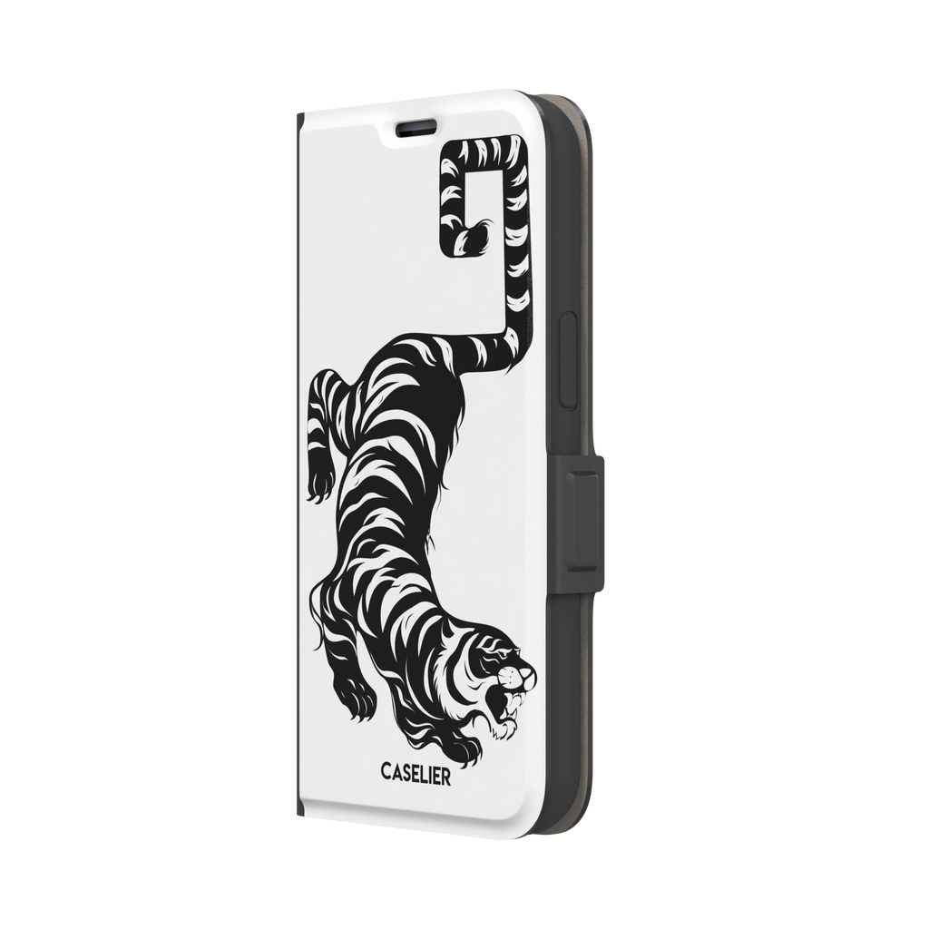 Big Kitty phone case in white — black graphic tiger crouching on a clean white background with a striped curling tail, phone case by Caselier — wallet case, right view