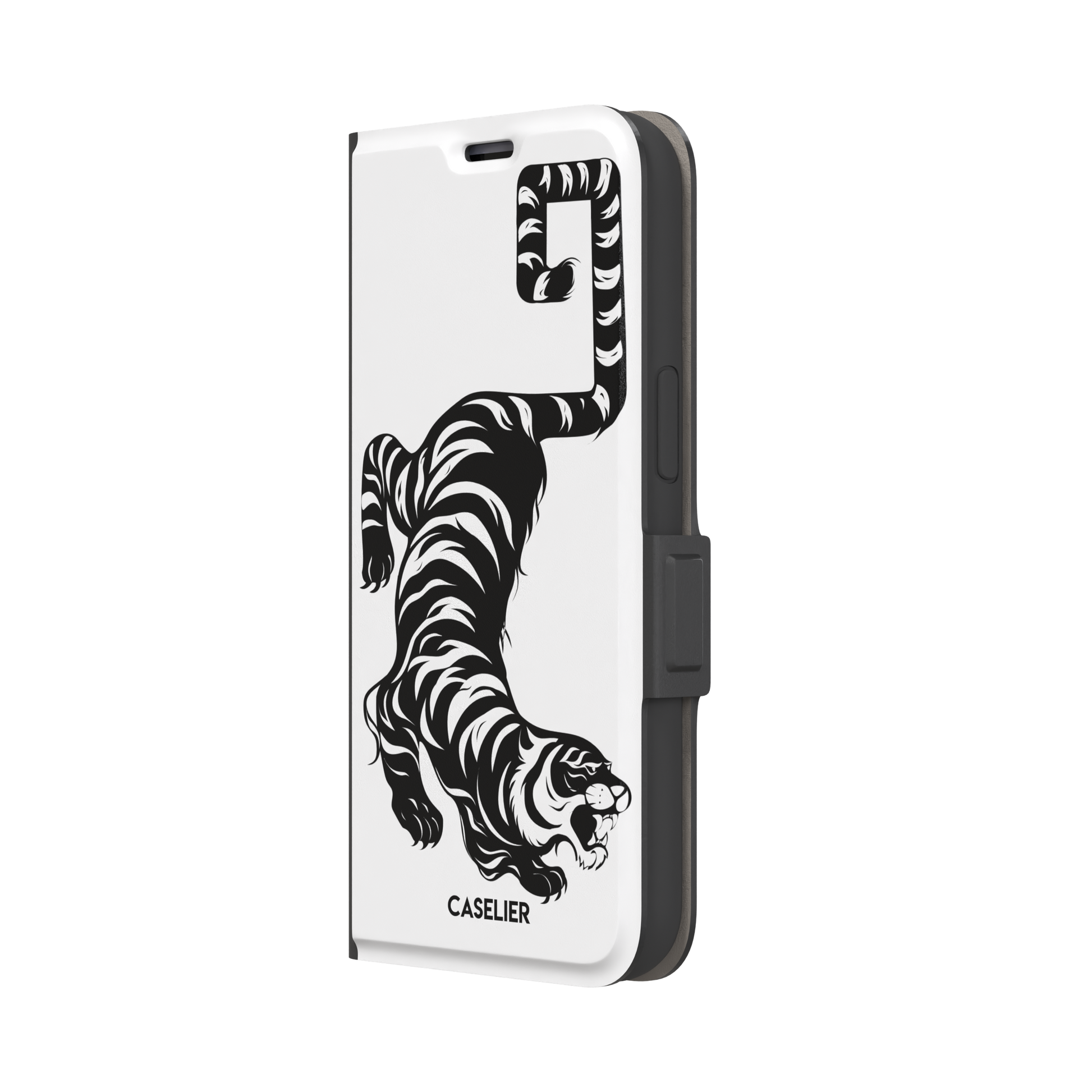Big Kitty phone case in white — black graphic tiger crouching on a clean white background with a striped curling tail, phone case by Caselier — wallet case, right view