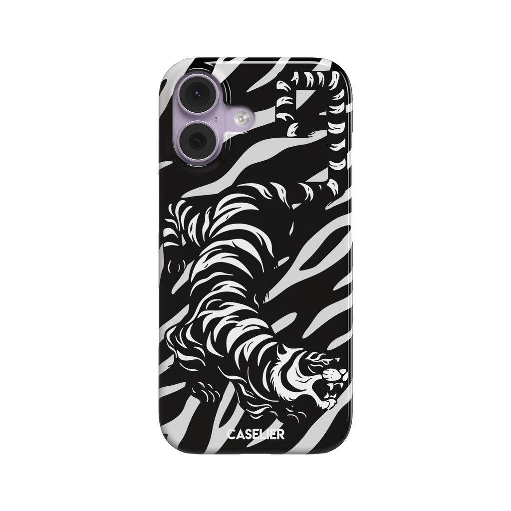 Big Kitty phone case in black — white graphic tiger prowling across a black background with bold stripe patterns, phone case by Caselier — snap case, front view