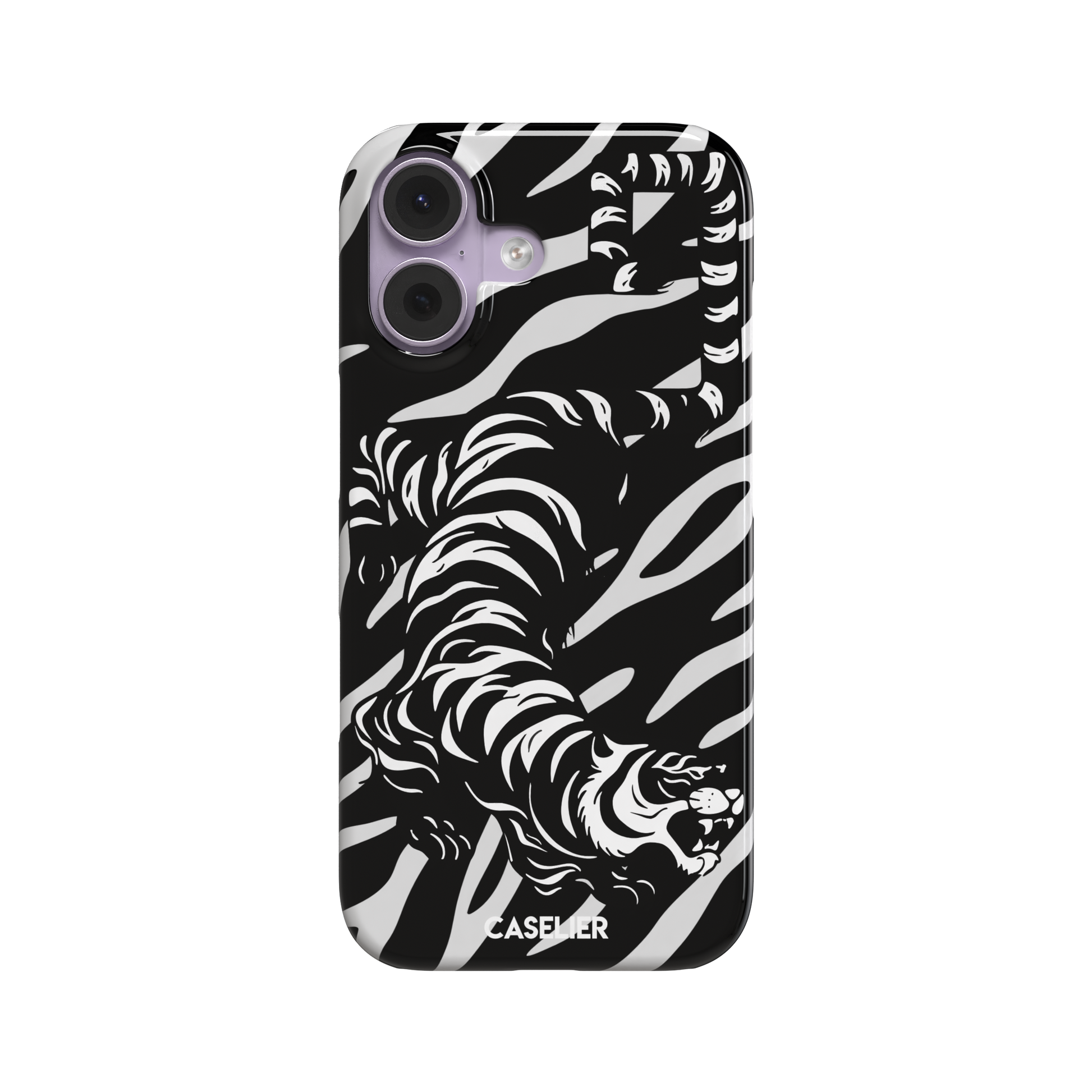 Big Kitty phone case in black — white graphic tiger prowling across a black background with bold stripe patterns, phone case by Caselier — snap case, front view
