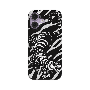Big Kitty phone case in black — white graphic tiger prowling across a black background with bold stripe patterns, phone case by Caselier — snap case, front view