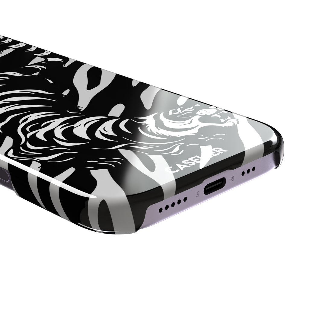 Big Kitty phone case in black — white graphic tiger prowling across a black background with bold stripe patterns, phone case by Caselier — snap case, charging port detail