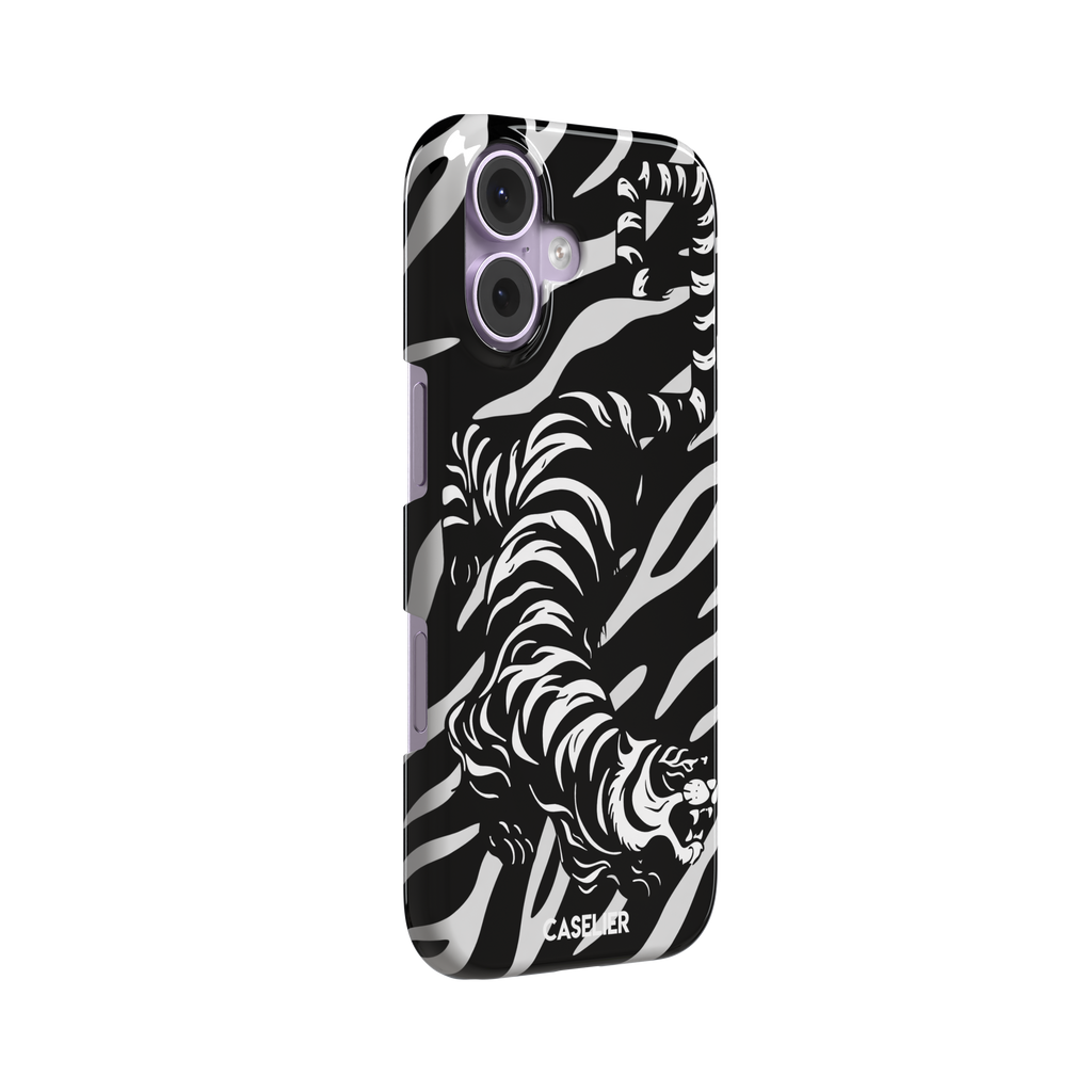 Big Kitty phone case in black — white graphic tiger prowling across a black background with bold stripe patterns, phone case by Caselier — snap case, left view
