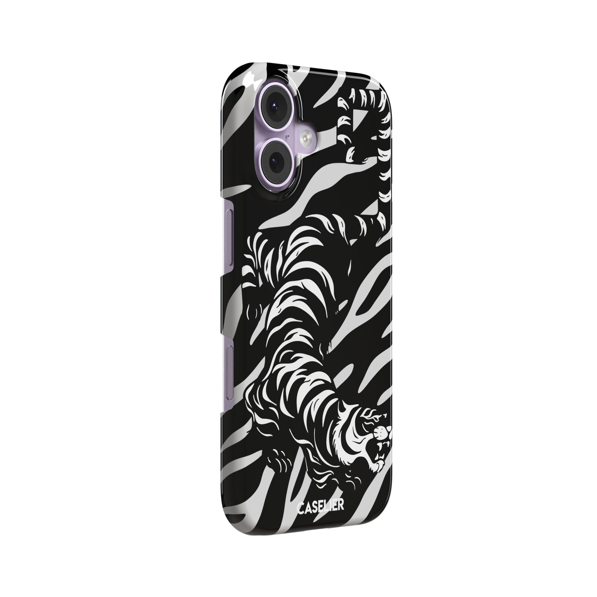 Big Kitty phone case in black — white graphic tiger prowling across a black background with bold stripe patterns, phone case by Caselier — snap case, left view