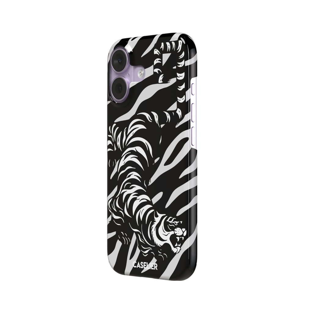 Big Kitty phone case in black — white graphic tiger prowling across a black background with bold stripe patterns, phone case by Caselier — snap case, right view