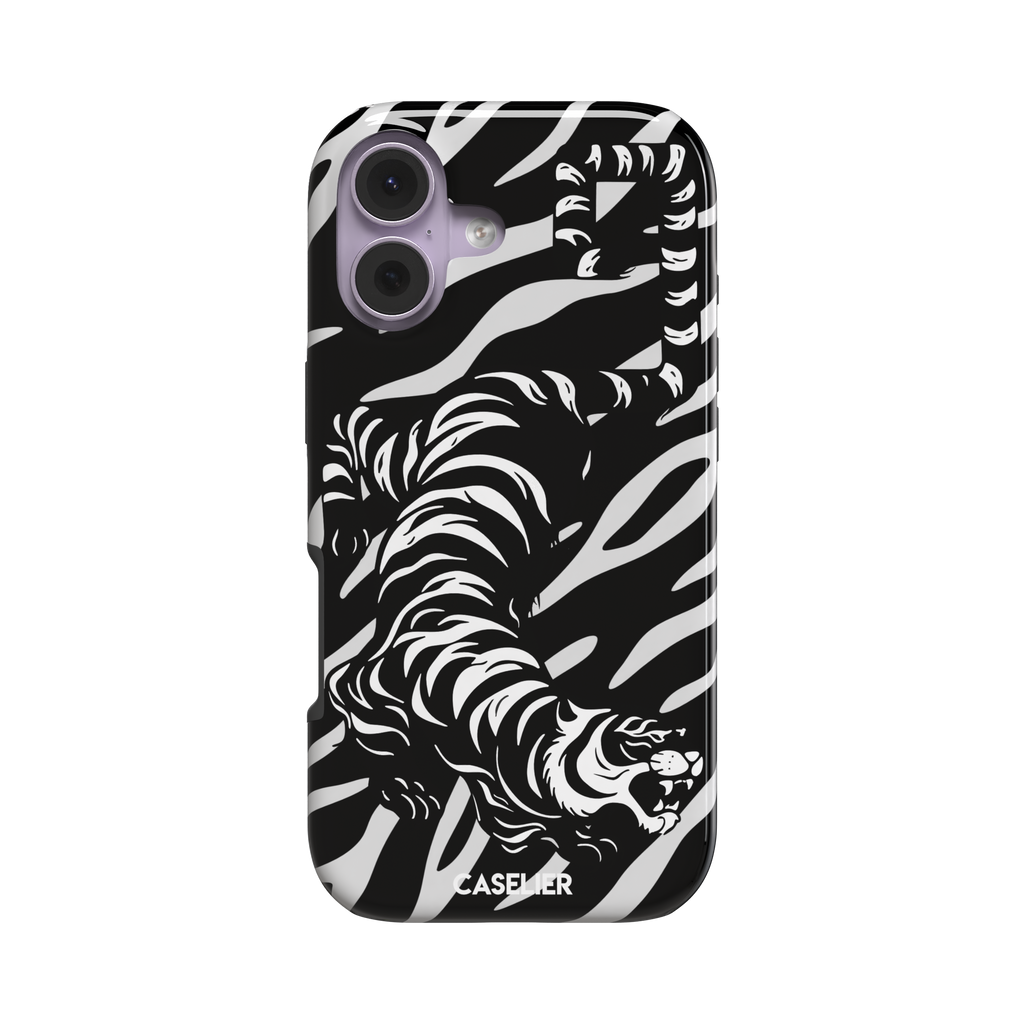 Big Kitty phone case in black — white graphic tiger prowling across a black background with bold stripe patterns, phone case by Caselier — tough case, front view