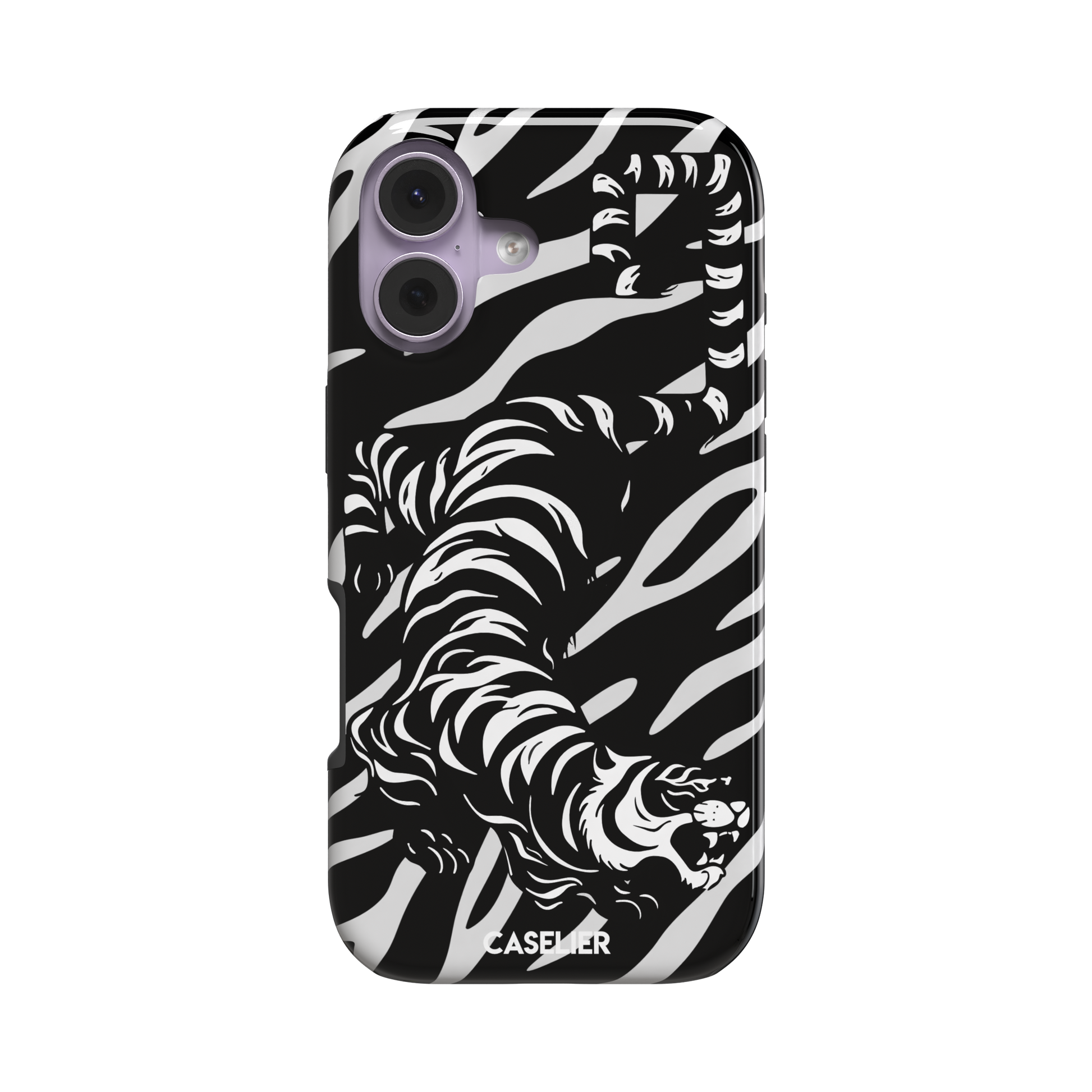 Big Kitty phone case in black — white graphic tiger prowling across a black background with bold stripe patterns, phone case by Caselier — tough case, front view
