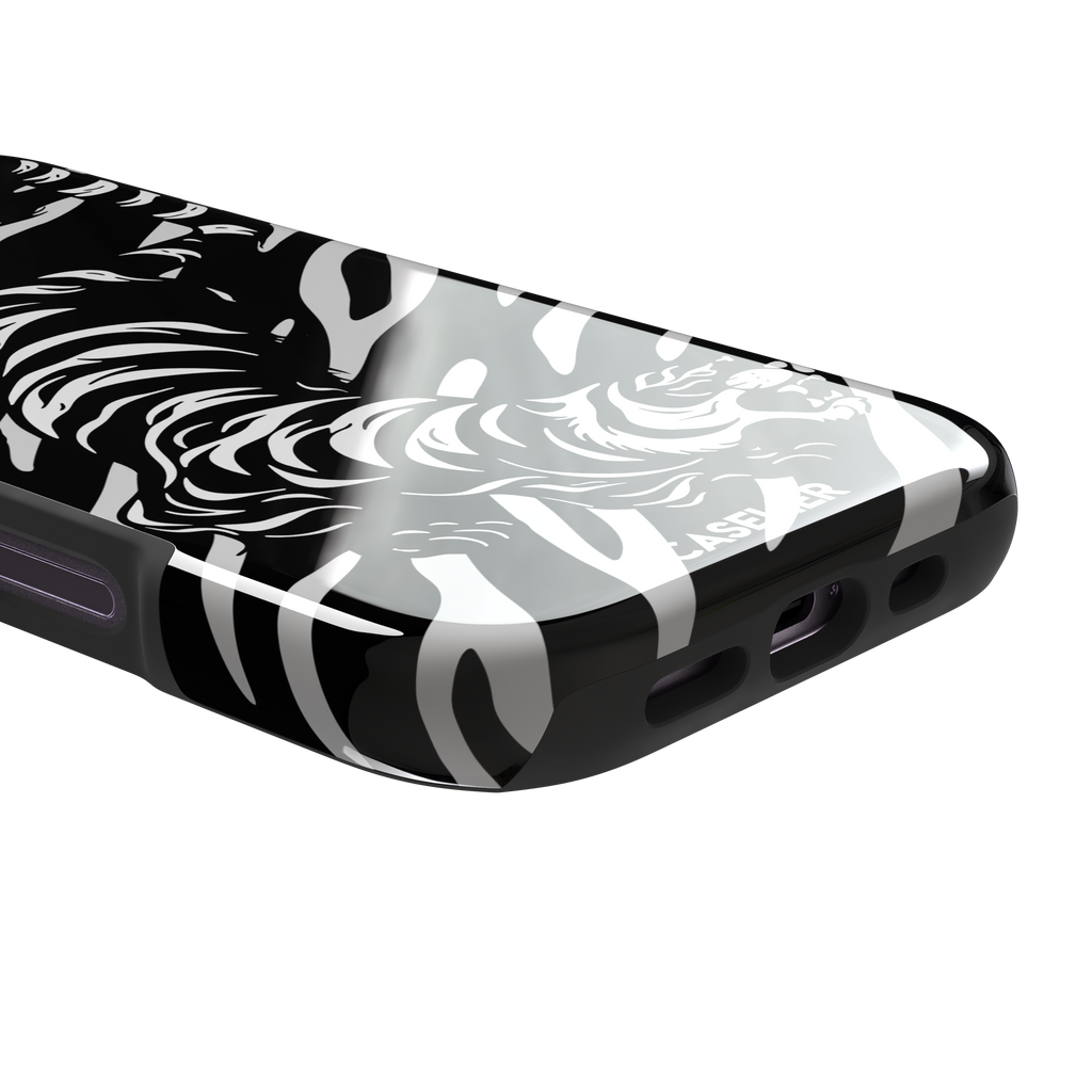 Big Kitty phone case in black — white graphic tiger prowling across a black background with bold stripe patterns, phone case by Caselier — tough case, charging port detail
