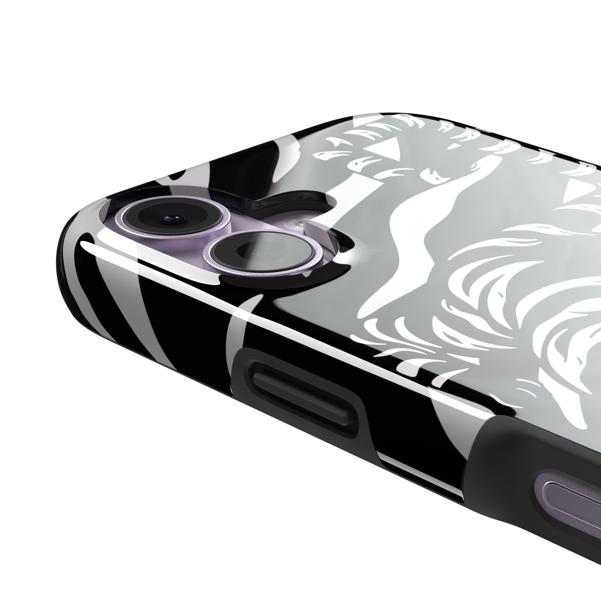 Big Kitty phone case in black — white graphic tiger prowling across a black background with bold stripe patterns, phone case by Caselier — tough case, volume buttons detail