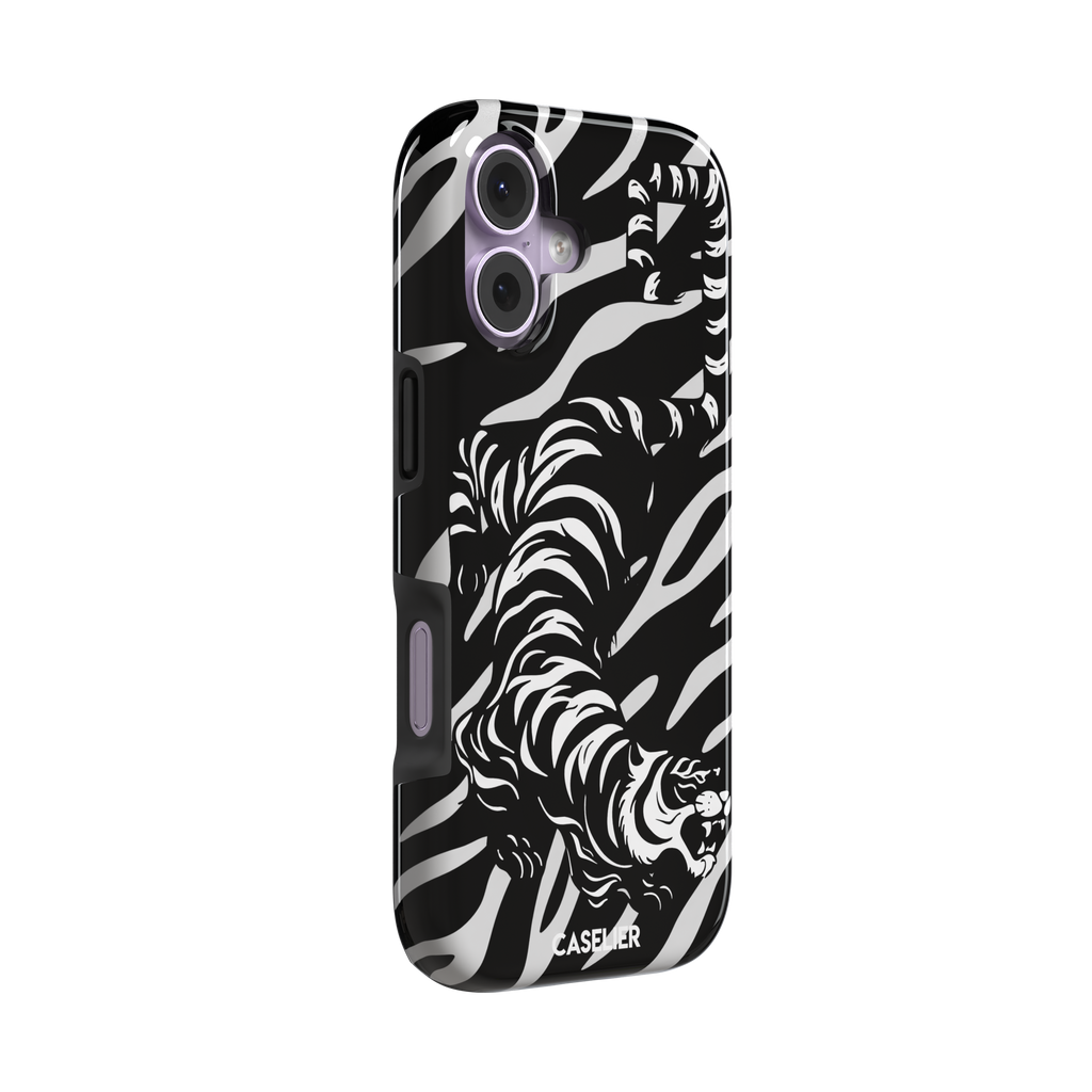 Big Kitty phone case in black — white graphic tiger prowling across a black background with bold stripe patterns, phone case by Caselier — tough case, left view