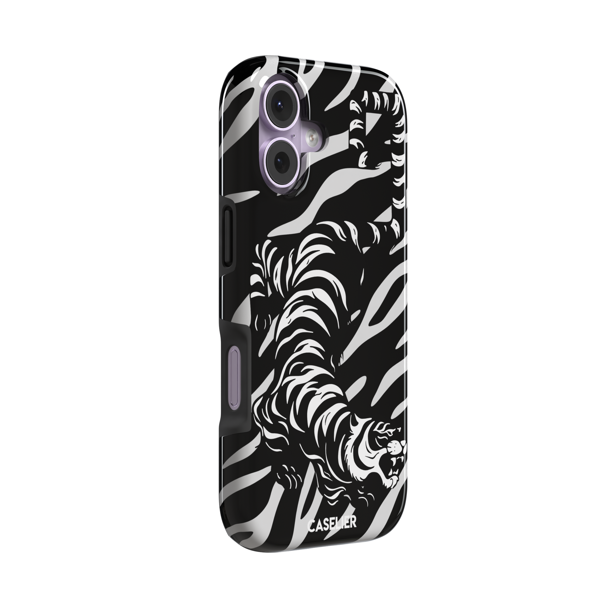 Big Kitty phone case in black — white graphic tiger prowling across a black background with bold stripe patterns, phone case by Caselier — tough case, left view