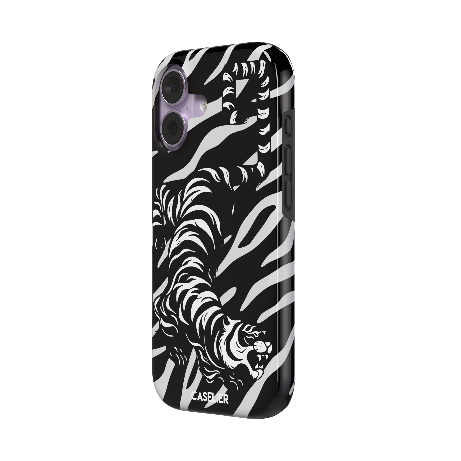 Big Kitty phone case in black — white graphic tiger prowling across a black background with bold stripe patterns, phone case by Caselier — tough case, right view