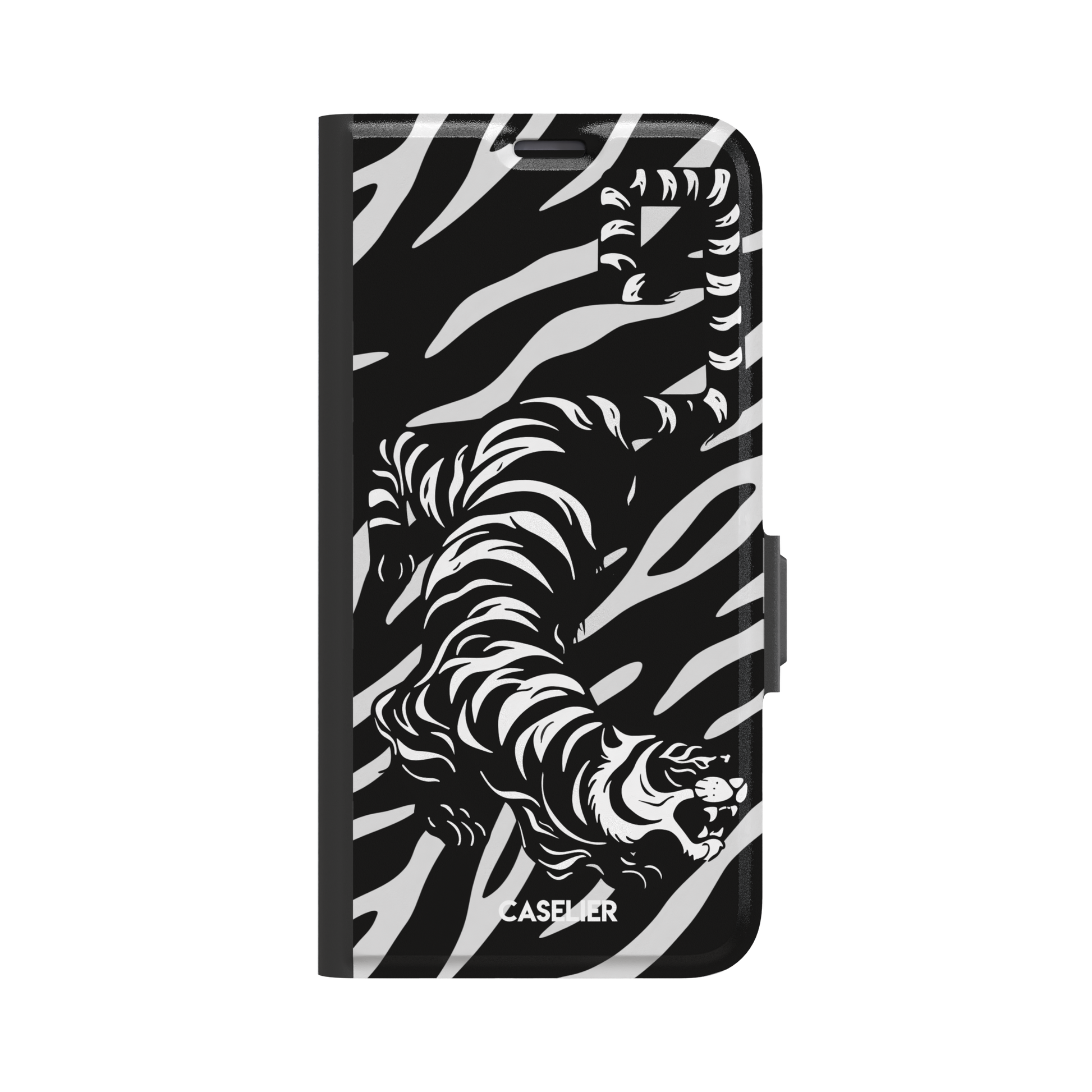 Big Kitty phone case in black — white graphic tiger prowling across a black background with bold stripe patterns, phone case by Caselier — wallet case, front view