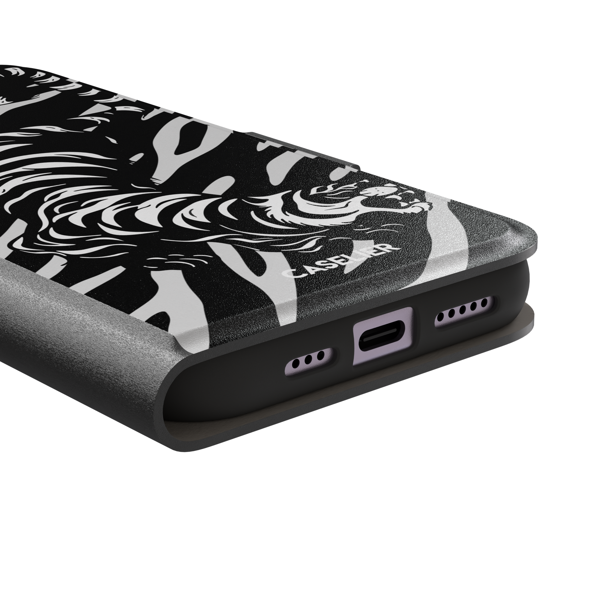 Big Kitty phone case in black — white graphic tiger prowling across a black background with bold stripe patterns, phone case by Caselier — wallet case, charging port detail