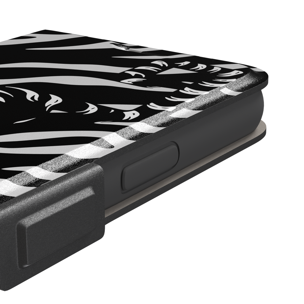 Big Kitty phone case in black — white graphic tiger prowling across a black background with bold stripe patterns, phone case by Caselier — wallet case, volume buttons detail