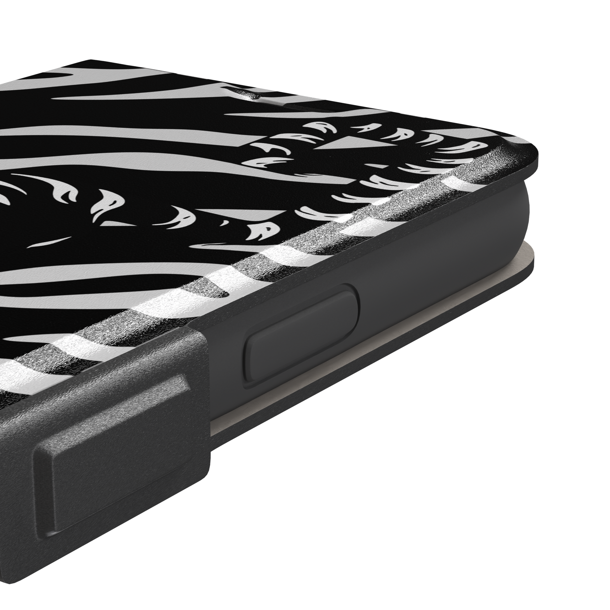 Big Kitty phone case in black — white graphic tiger prowling across a black background with bold stripe patterns, phone case by Caselier — wallet case, volume buttons detail