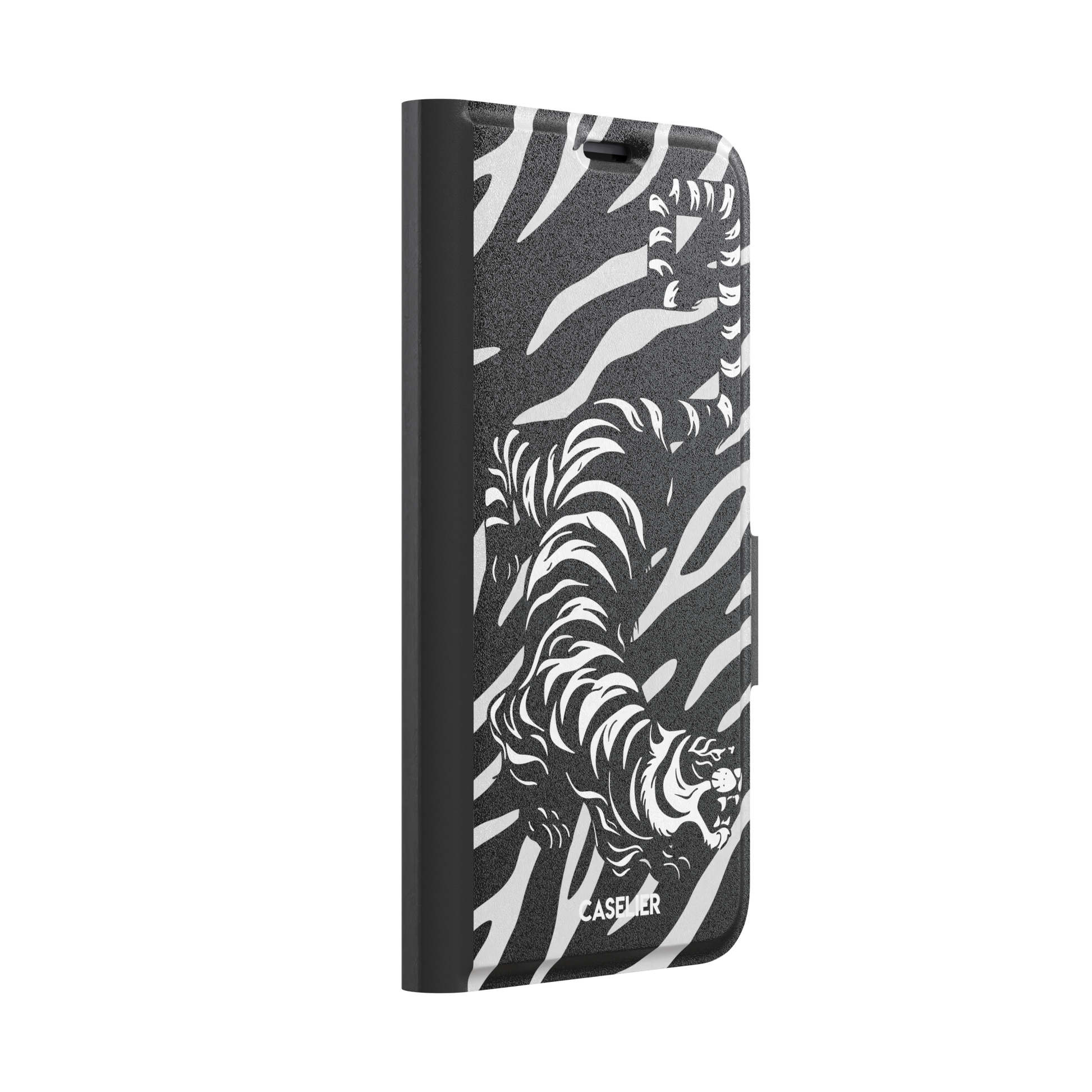 Big Kitty phone case in black — white graphic tiger prowling across a black background with bold stripe patterns, phone case by Caselier — wallet case, left view
