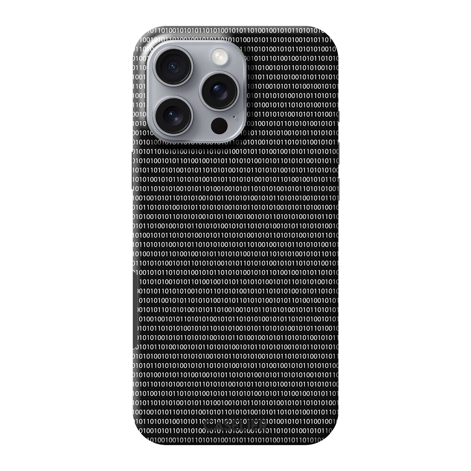 Phone case with binary code pattern on a white background