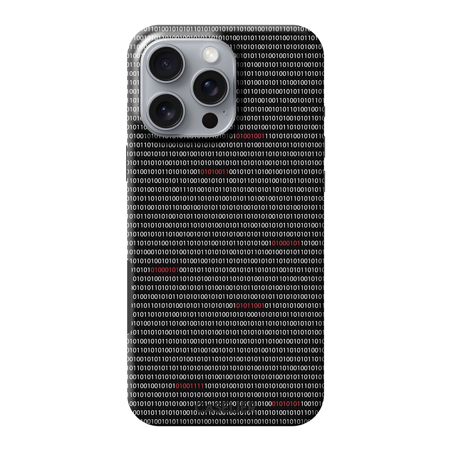 Phone case with binary code pattern on a white background