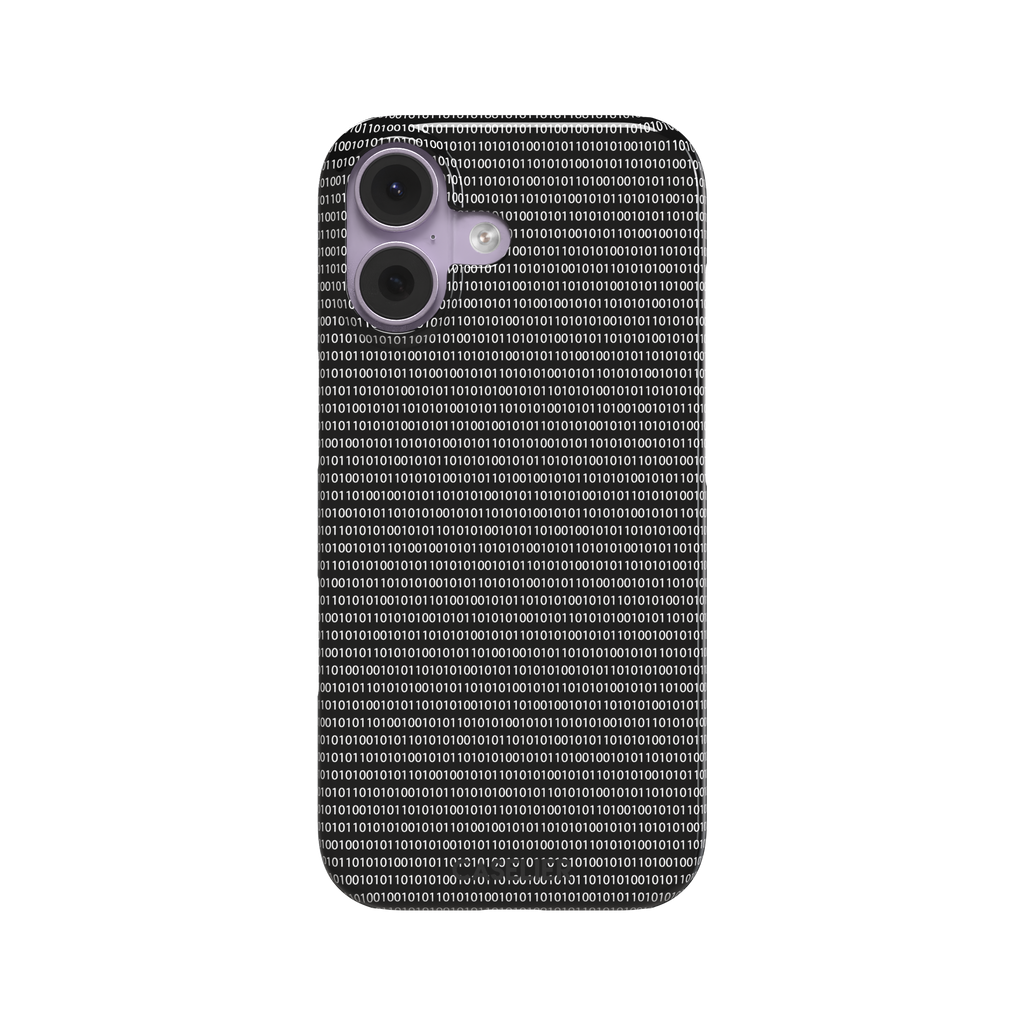Black phone case covered in dense rows of white binary code digits on a dark background, phone case by Caselier — snap case, front view