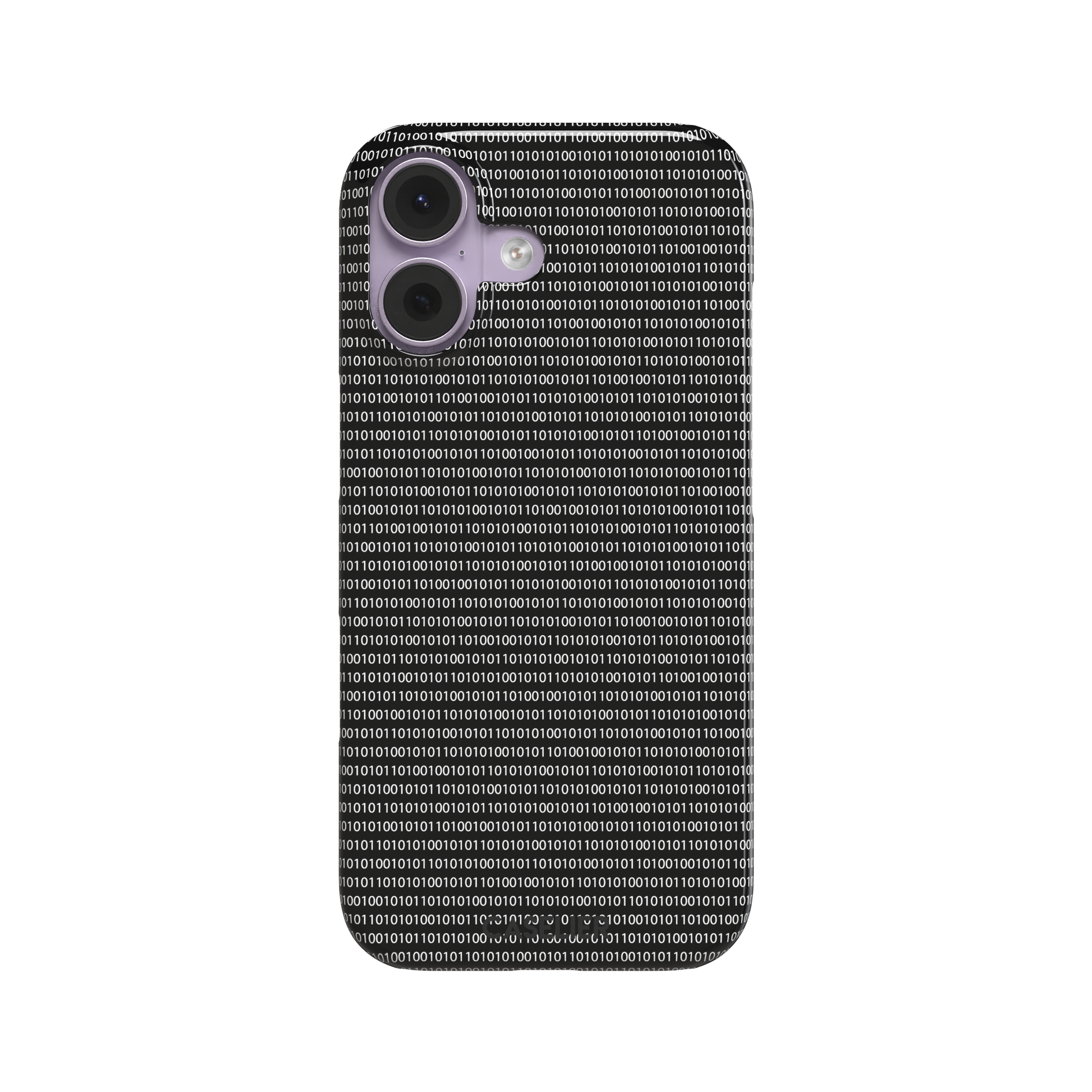Black phone case covered in dense rows of white binary code digits on a dark background, phone case by Caselier — snap case, front view