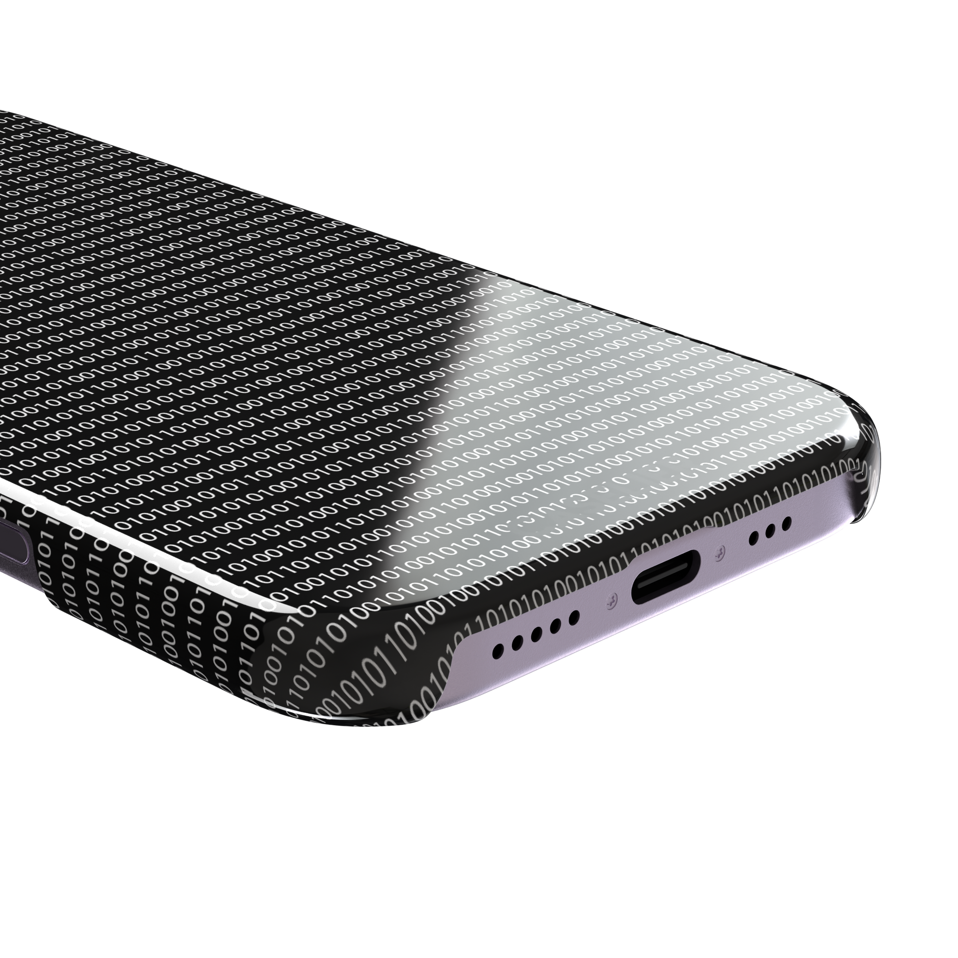 Black phone case covered in dense rows of white binary code digits on a dark background, phone case by Caselier — snap case, charging port detail