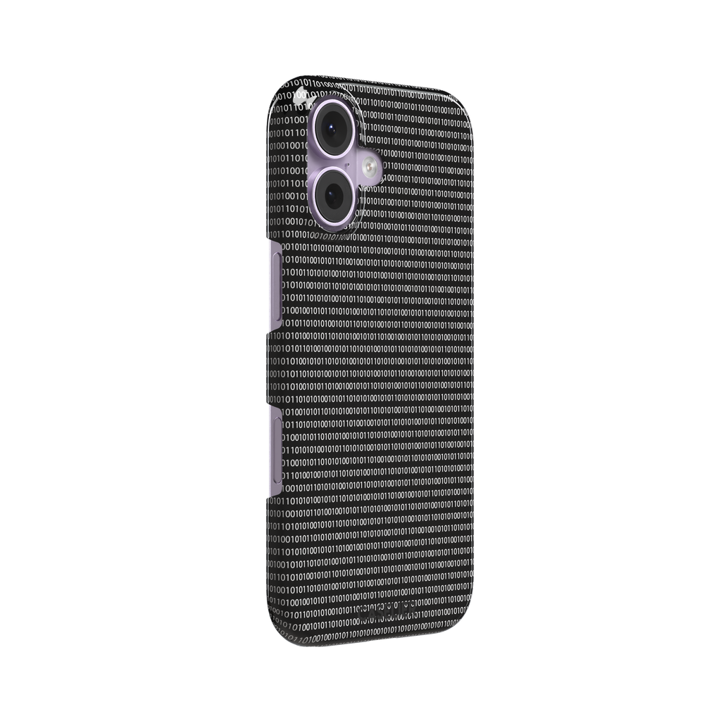 Black phone case covered in dense rows of white binary code digits on a dark background, phone case by Caselier — snap case, left view