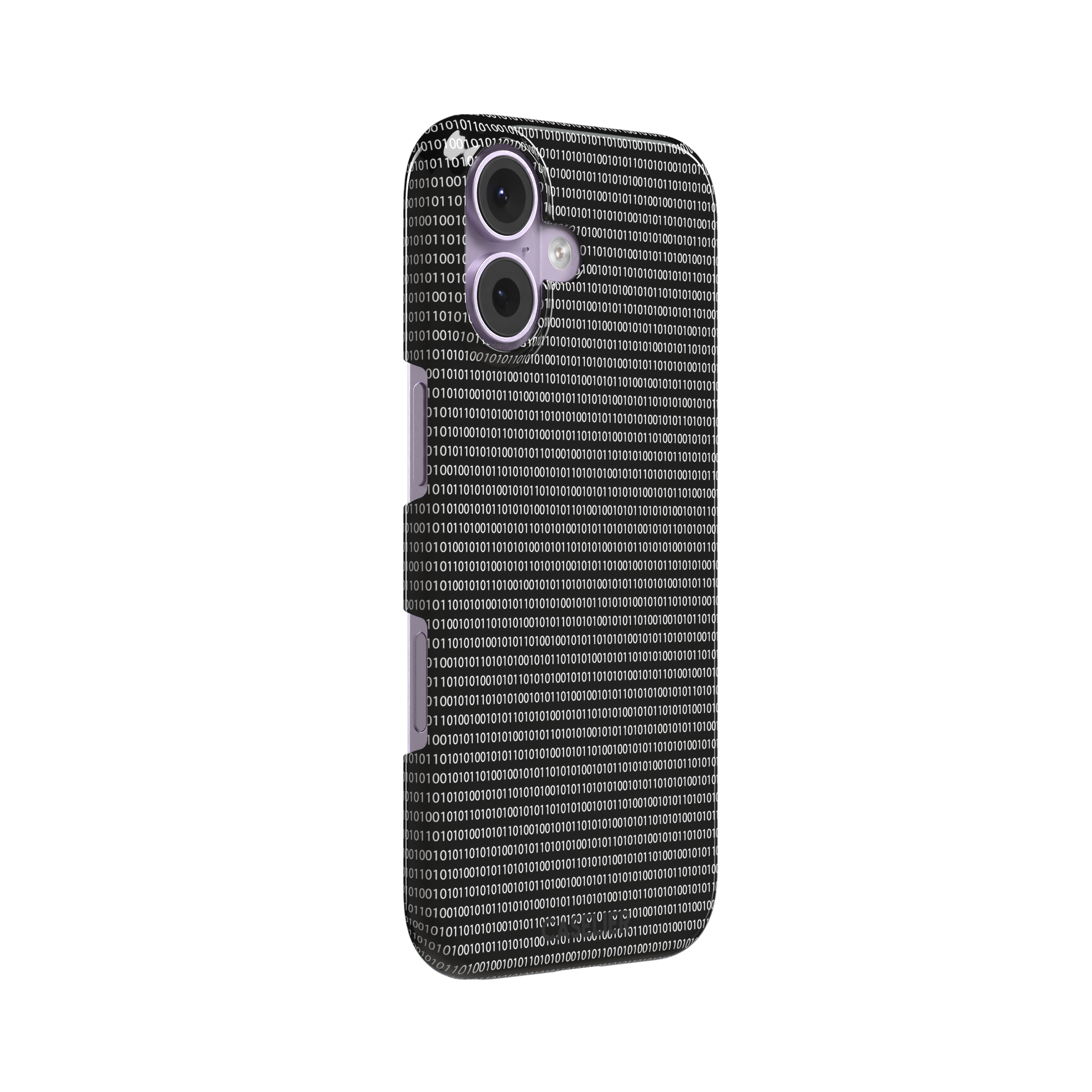 Black phone case covered in dense rows of white binary code digits on a dark background, phone case by Caselier — snap case, left view