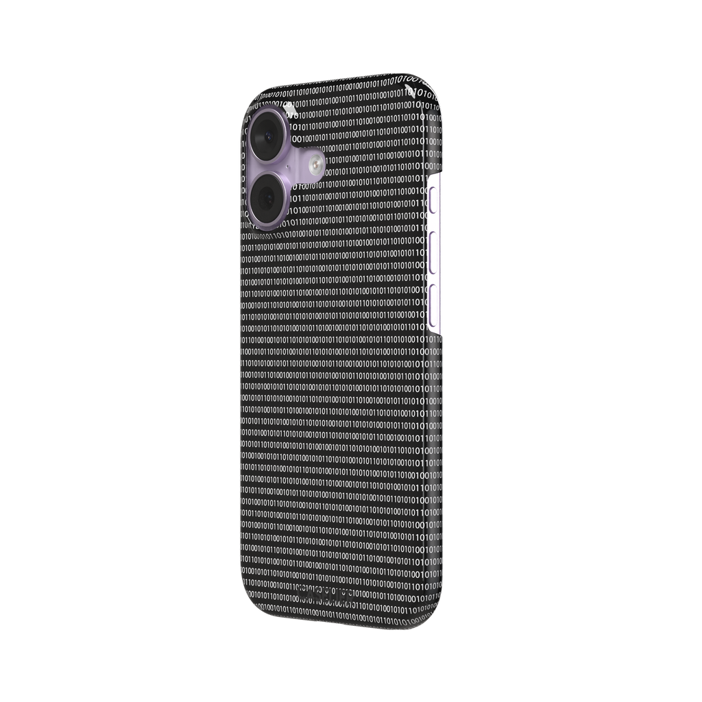 Black phone case covered in dense rows of white binary code digits on a dark background, phone case by Caselier — snap case, right view