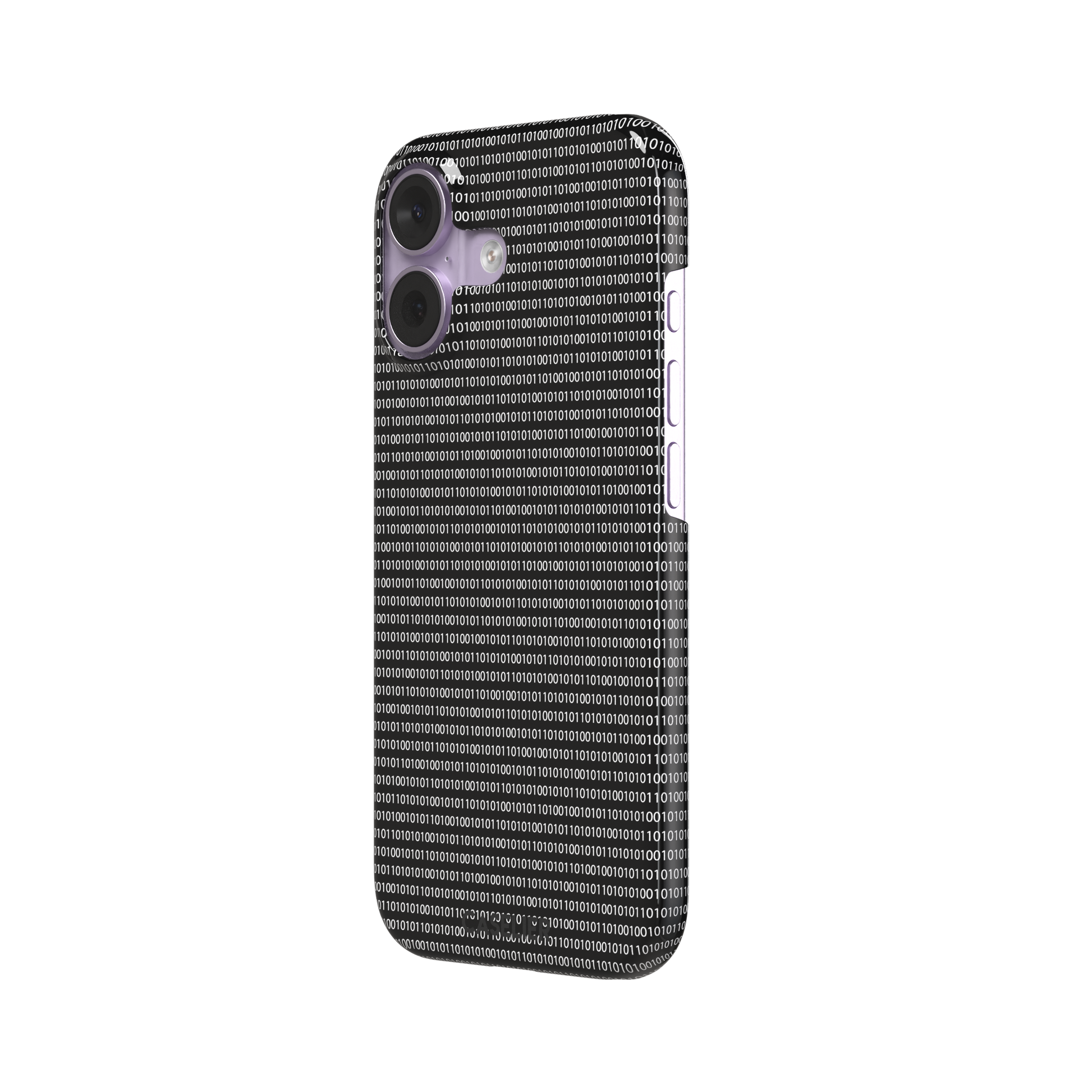 Black phone case covered in dense rows of white binary code digits on a dark background, phone case by Caselier — snap case, right view