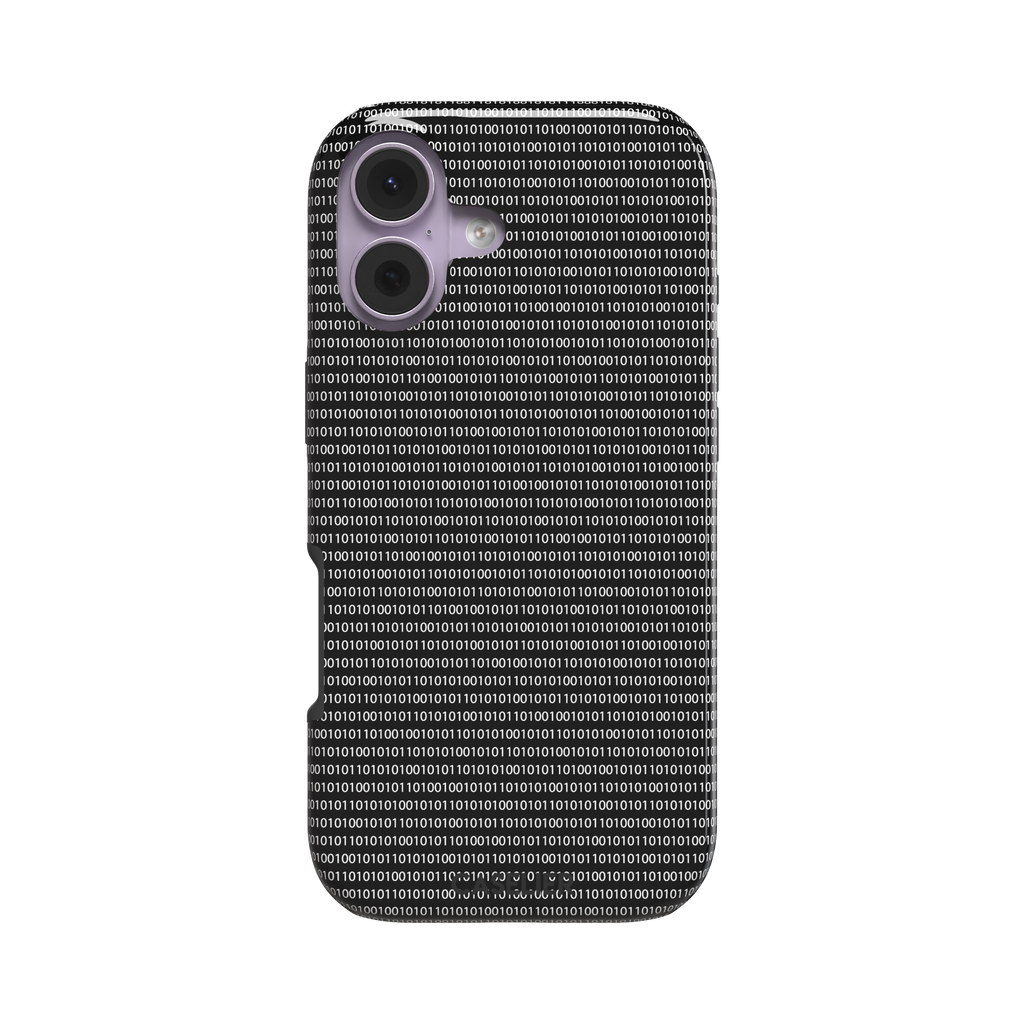Black phone case covered in dense rows of white binary code digits on a dark background, phone case by Caselier — tough case, front view