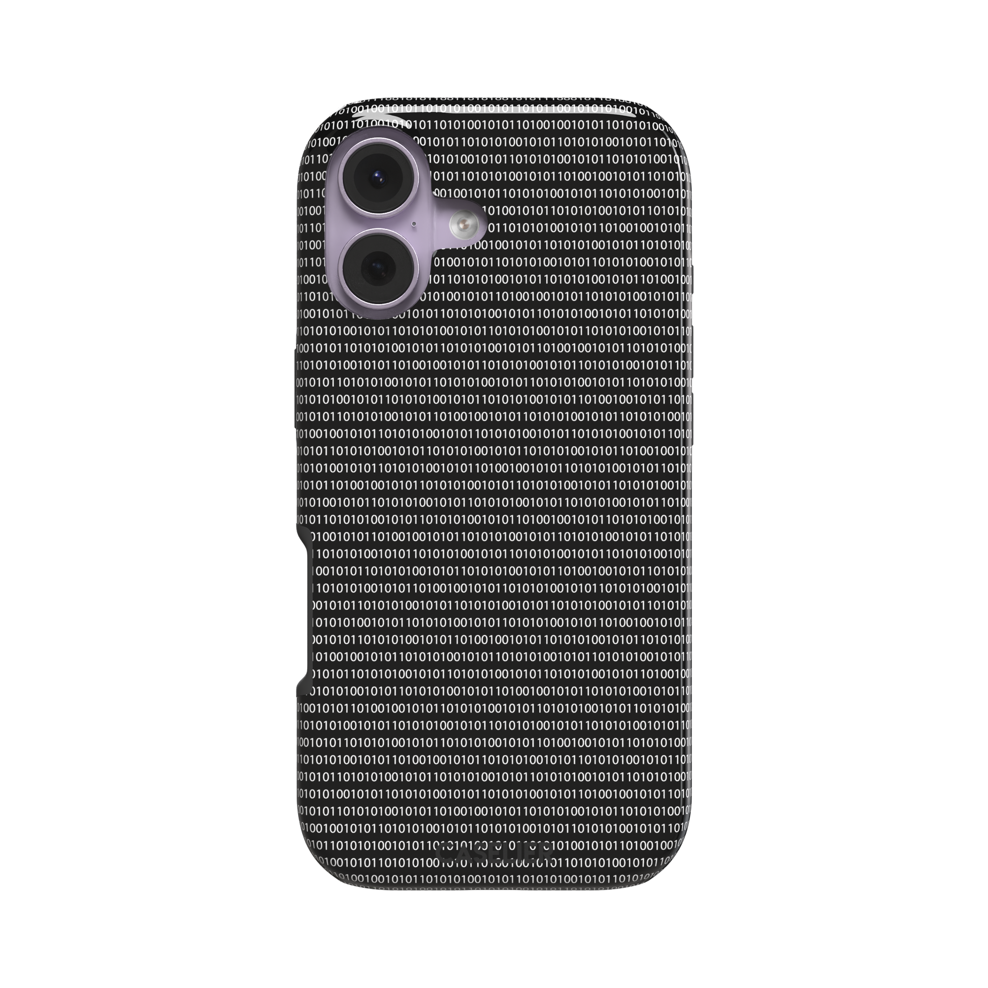 Black phone case covered in dense rows of white binary code digits on a dark background, phone case by Caselier — tough case, front view