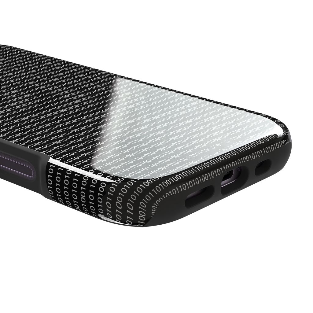 Black phone case covered in dense rows of white binary code digits on a dark background, phone case by Caselier — tough case, charging port detail