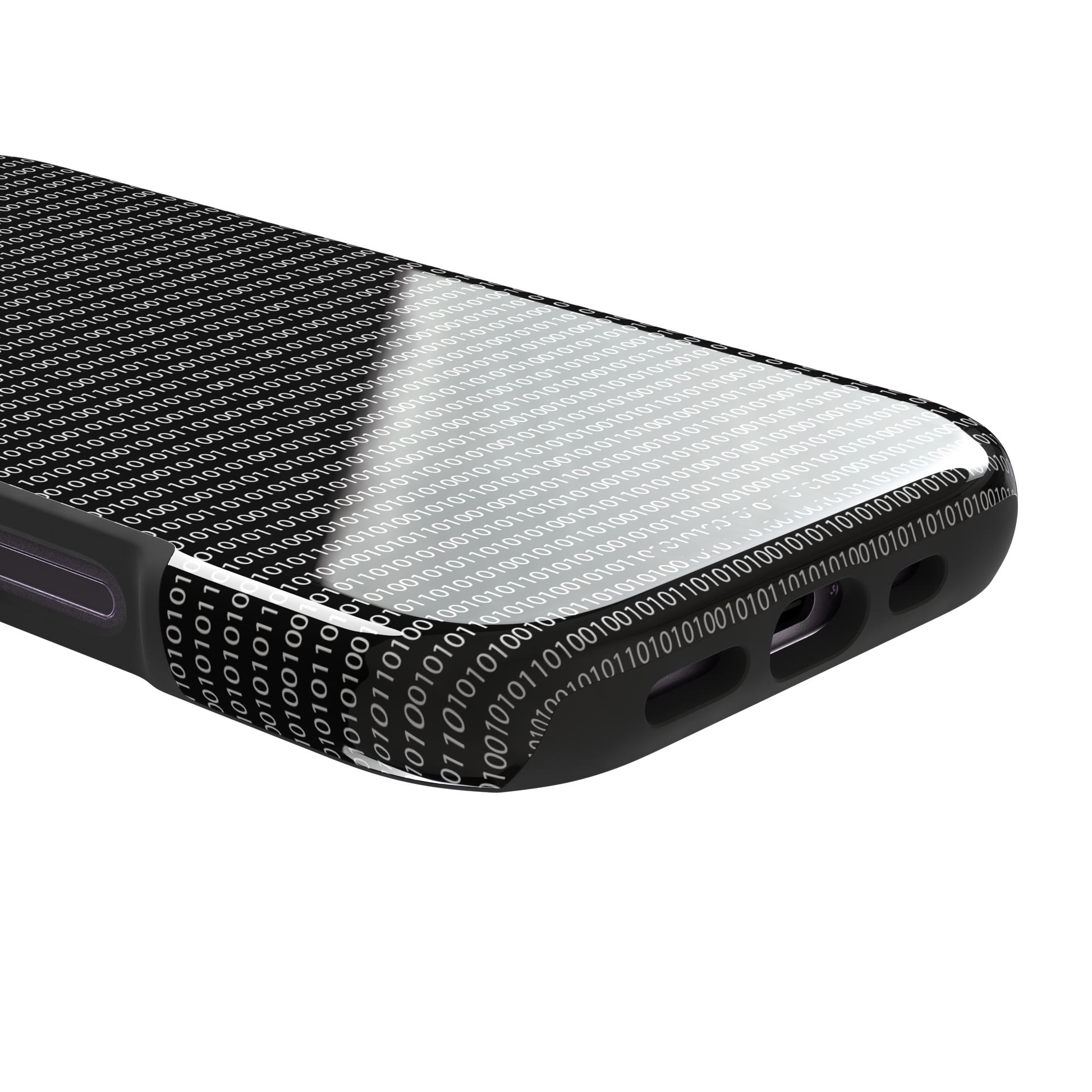 Black phone case covered in dense rows of white binary code digits on a dark background, phone case by Caselier — tough case, charging port detail