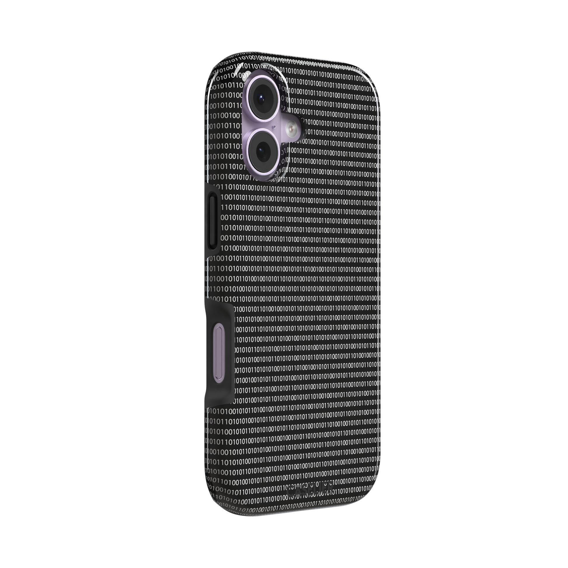 Black phone case covered in dense rows of white binary code digits on a dark background, phone case by Caselier — tough case, left view