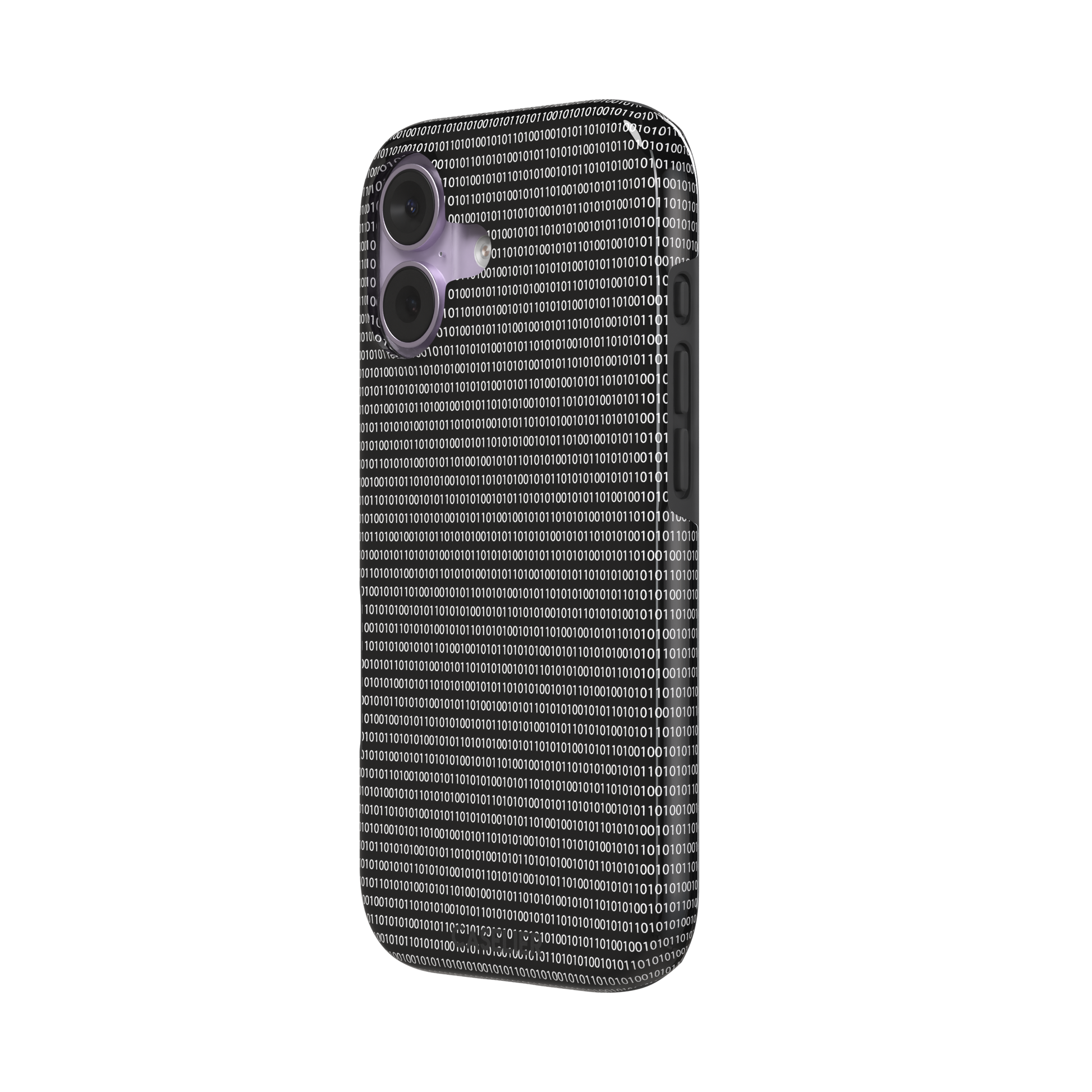 Black phone case covered in dense rows of white binary code digits on a dark background, phone case by Caselier — tough case, right view